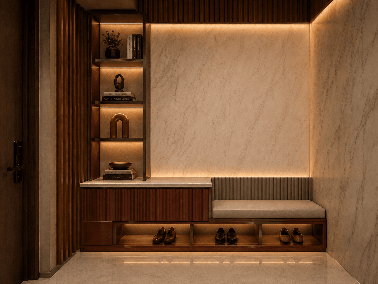 Luxurious minimalist foyer with wood accents