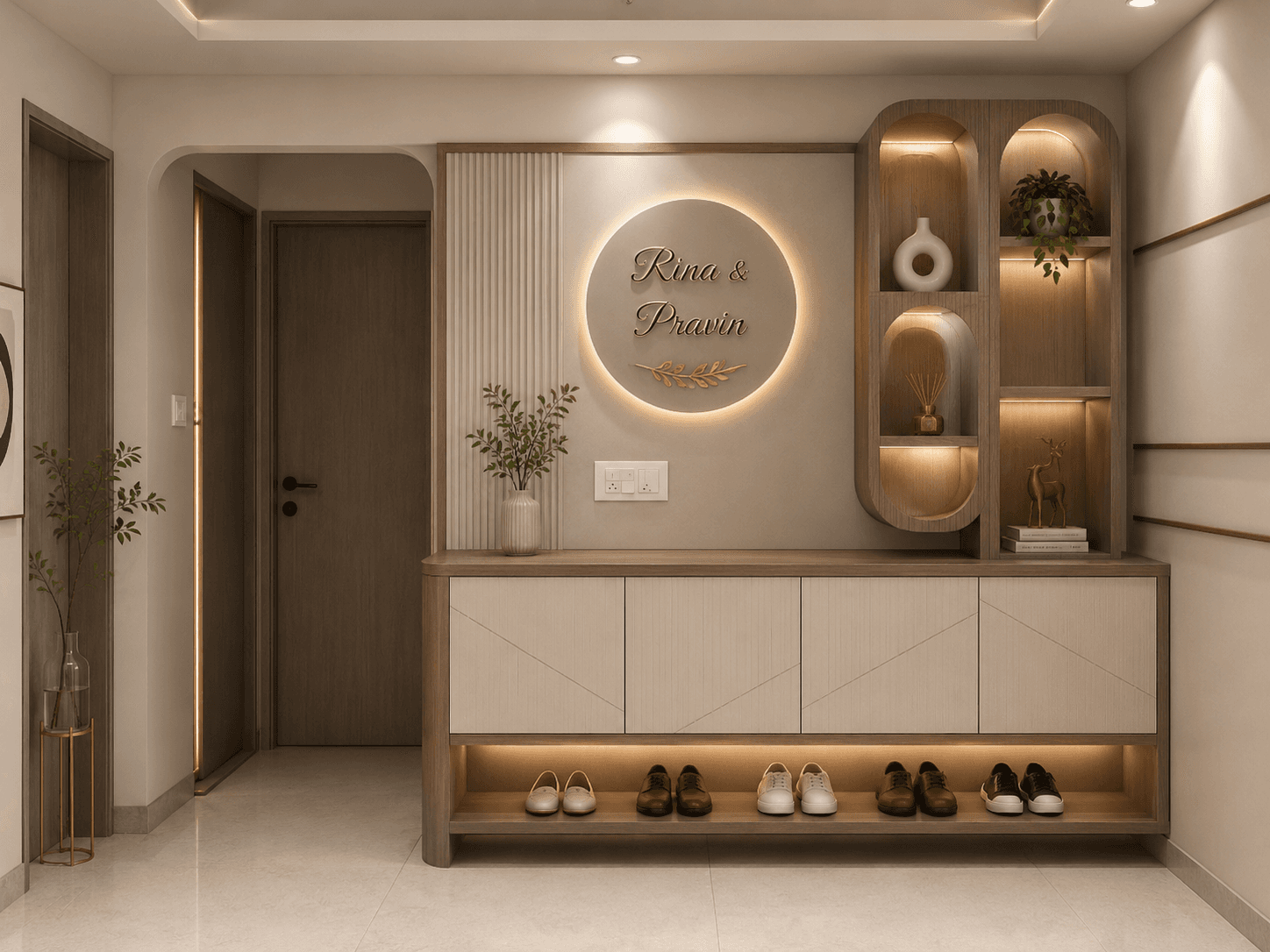 Minimalist foyer with stylish sign and plants