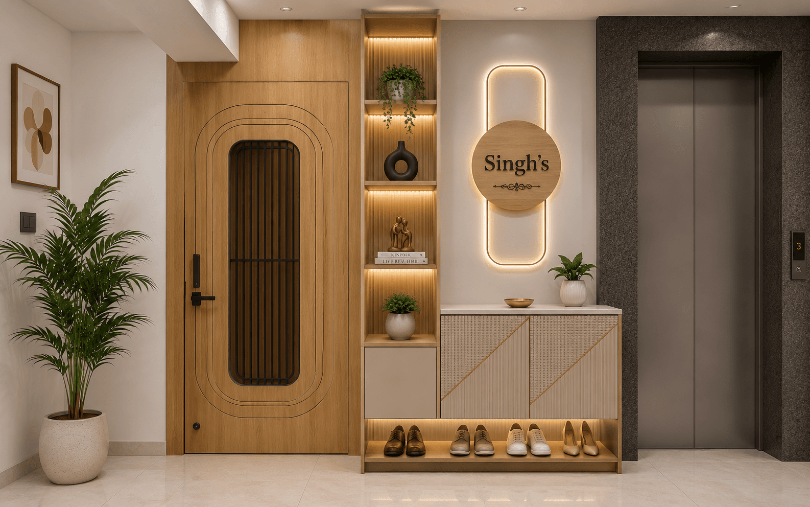 Sleek oak elevator lobby