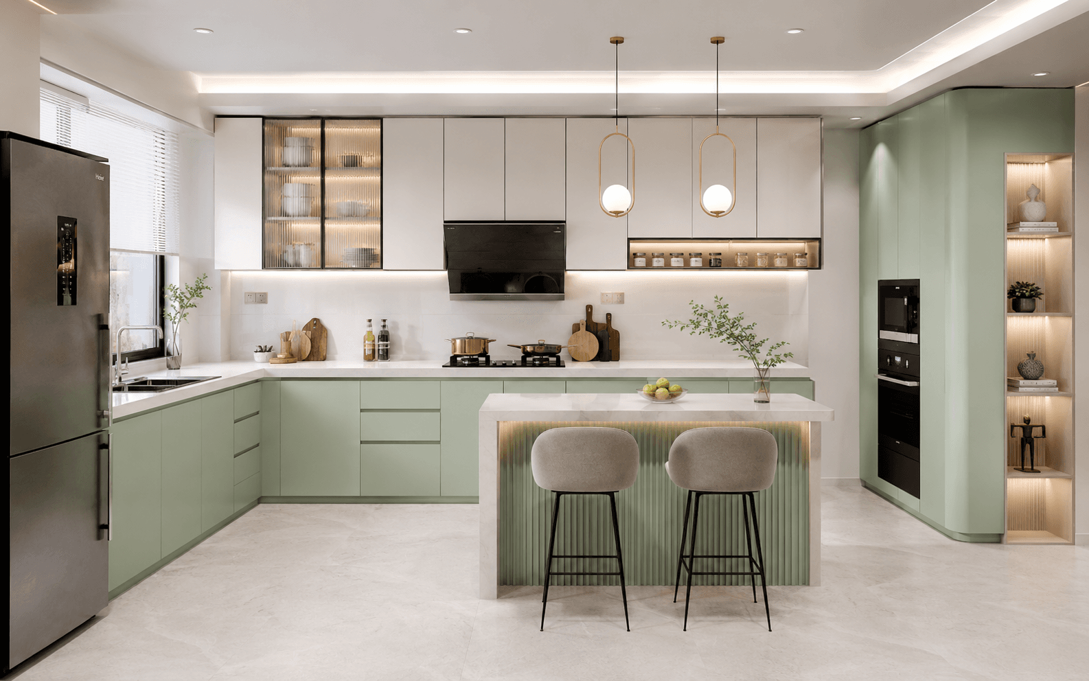 Minimalist kitchen with green accents