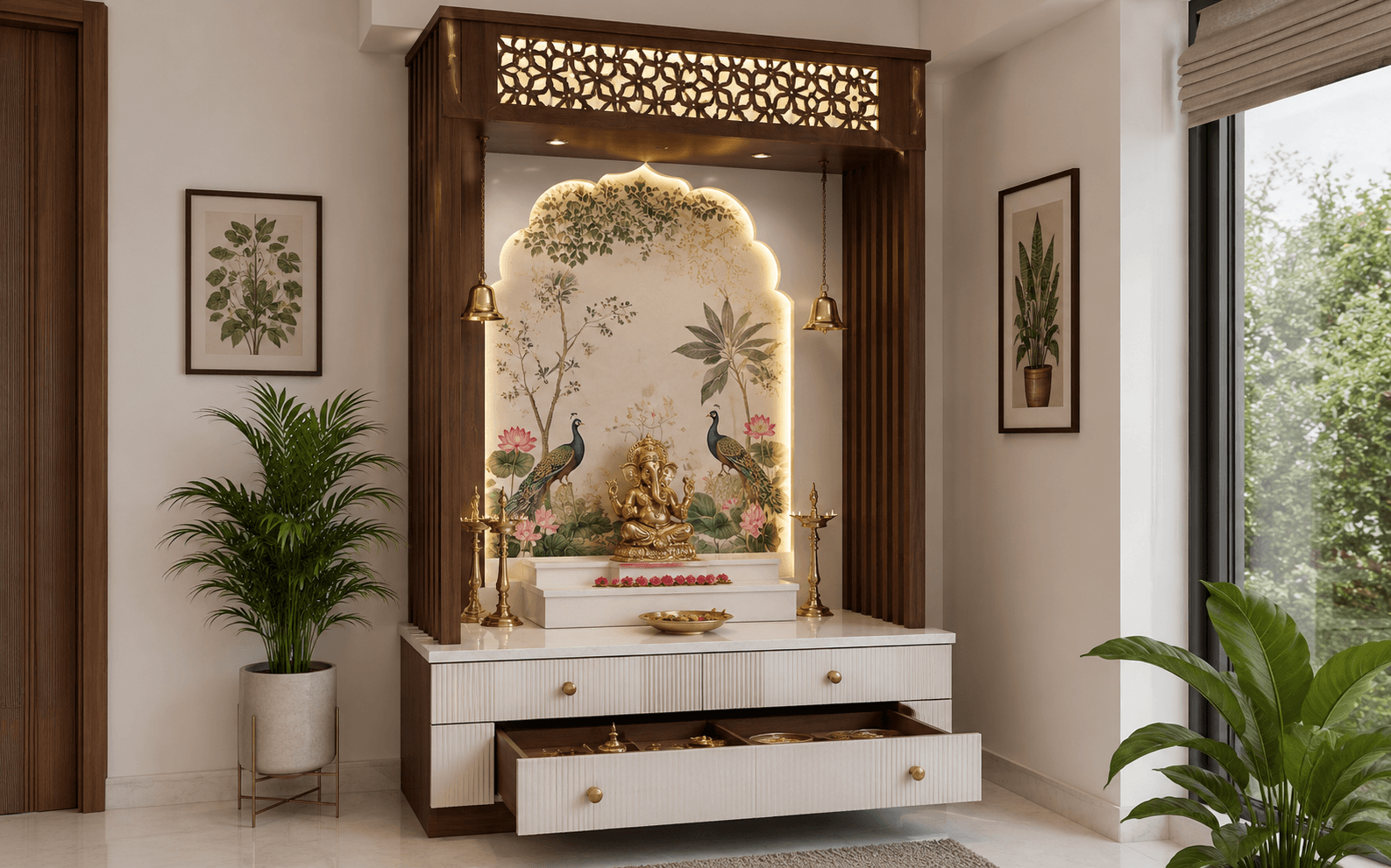 Contemporary home shrine with Ganesha