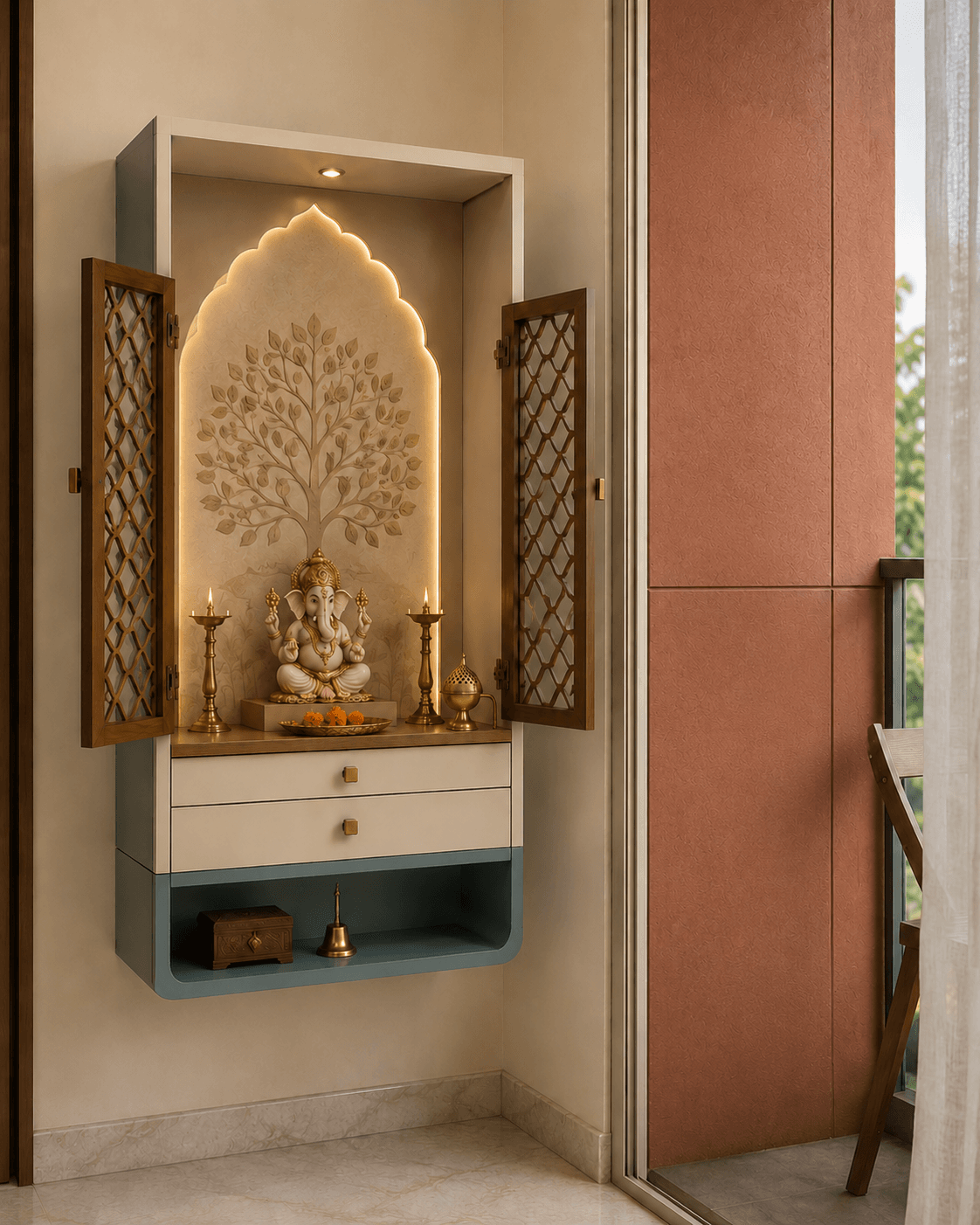 Cozy devotional corner with Ganesha shrine