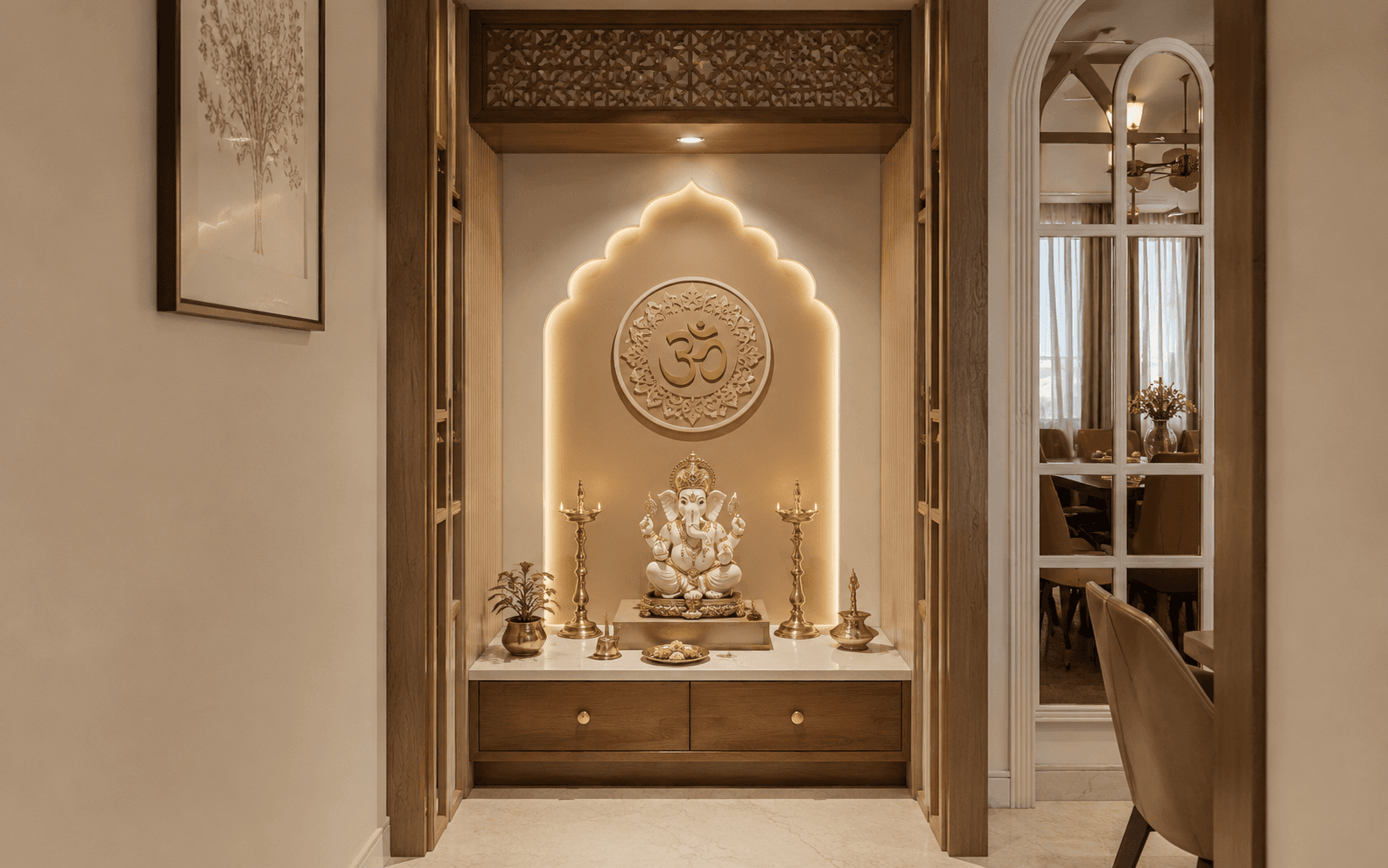 Cozy prayer nook with Ganesha shrine