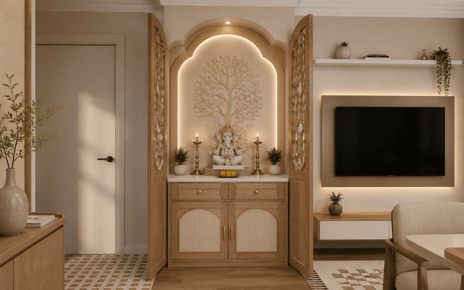 Minimalist modern living room with shrine