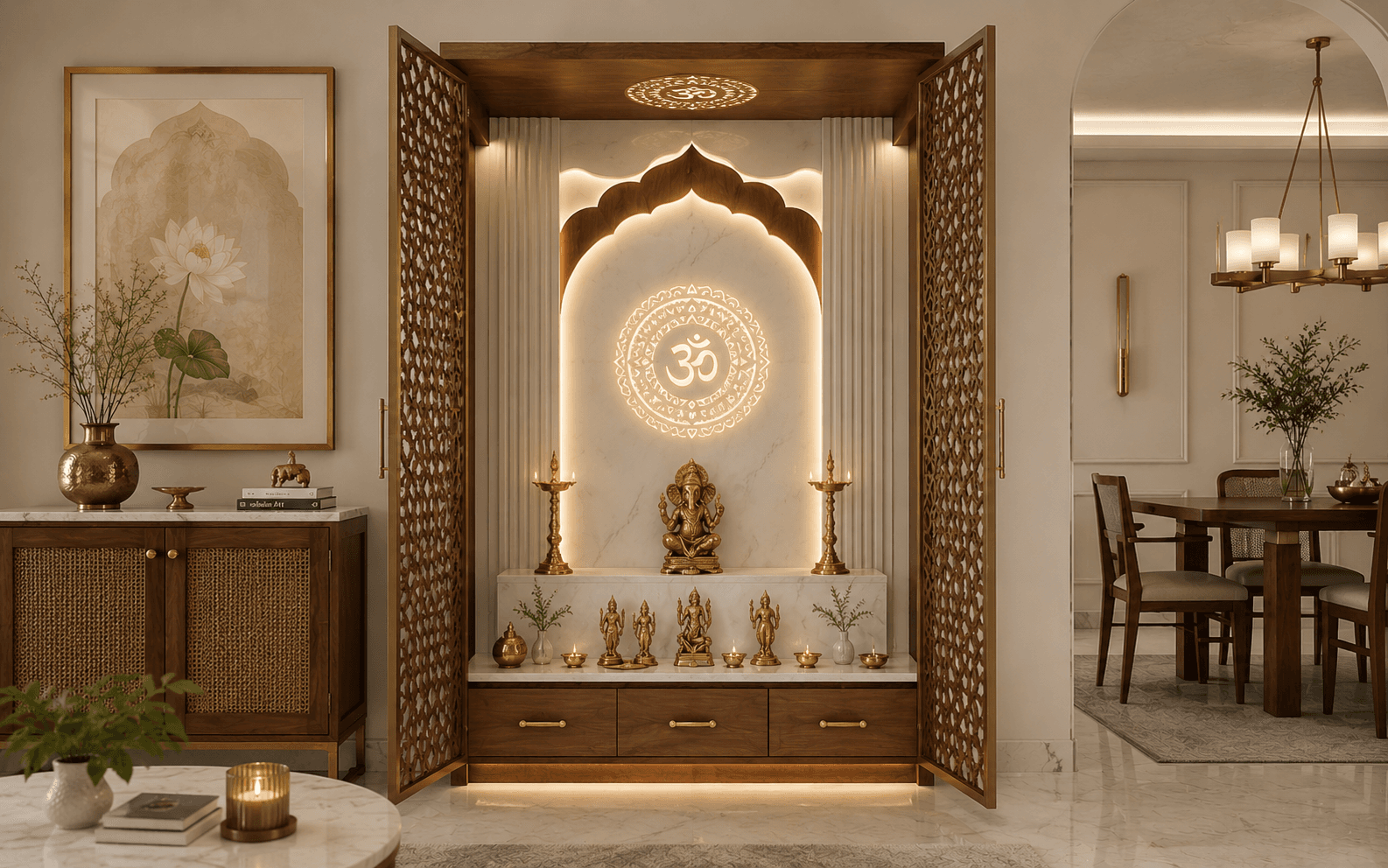 Modern Indian prayer alcove with decor
