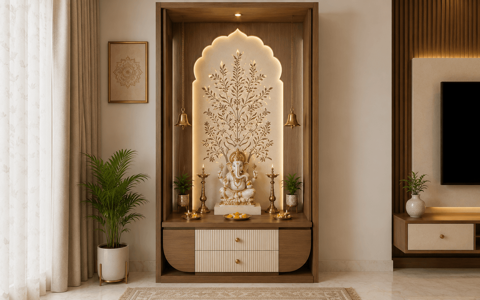 Modern home shrine with Ganesha altar