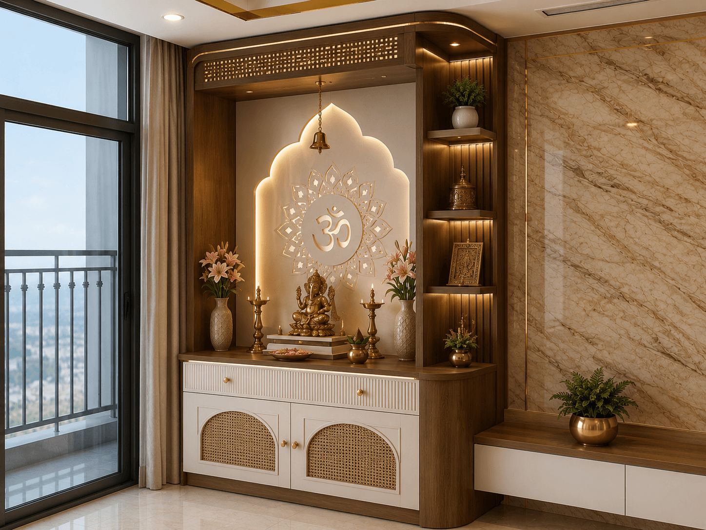 Modern home shrine with warm ambiance