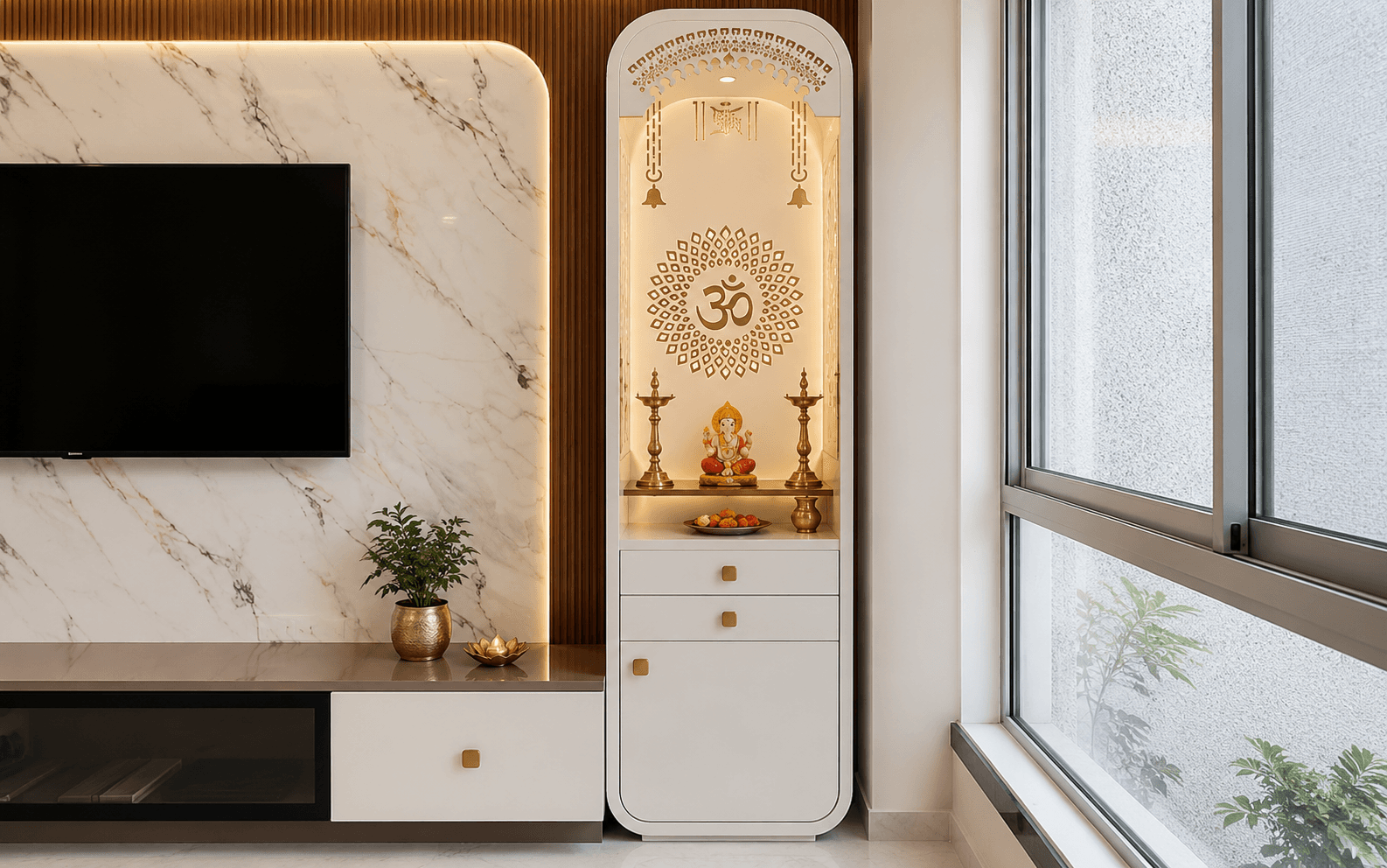 Modern living room with puja alcove