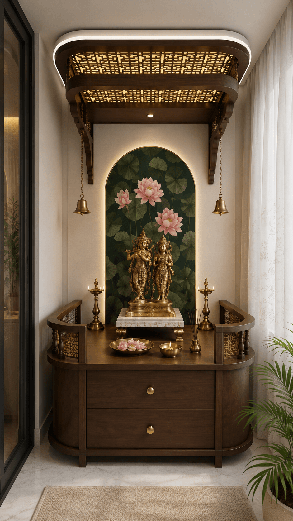 Modern traditional puja space in serene tones