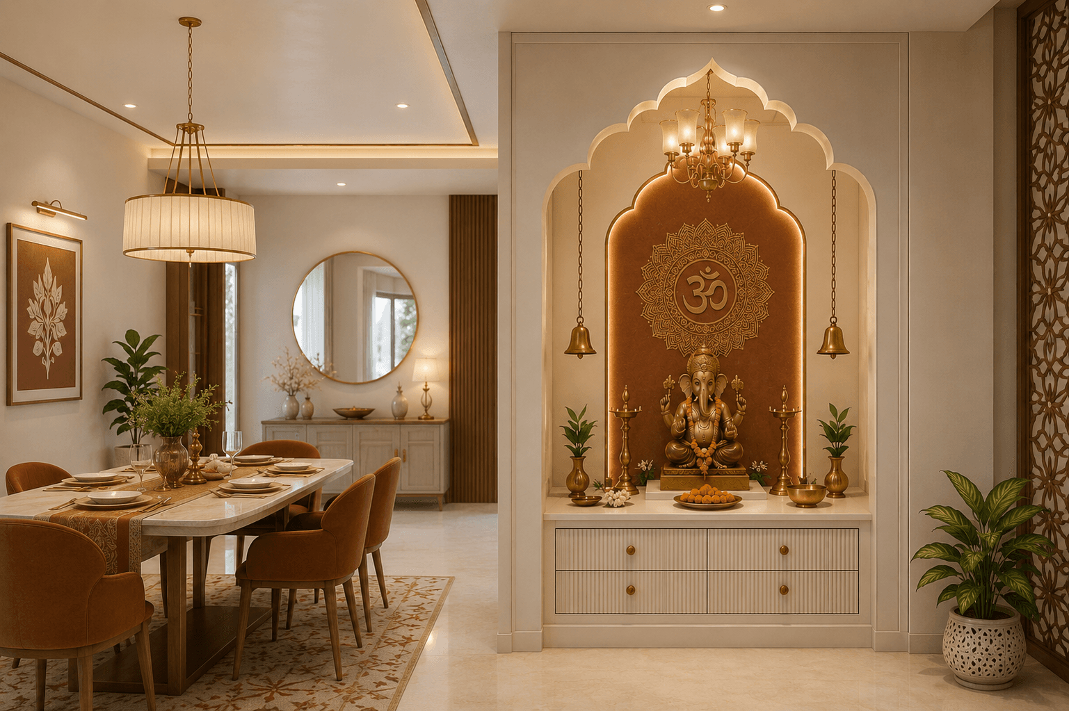 Warm-toned dining and shrine space