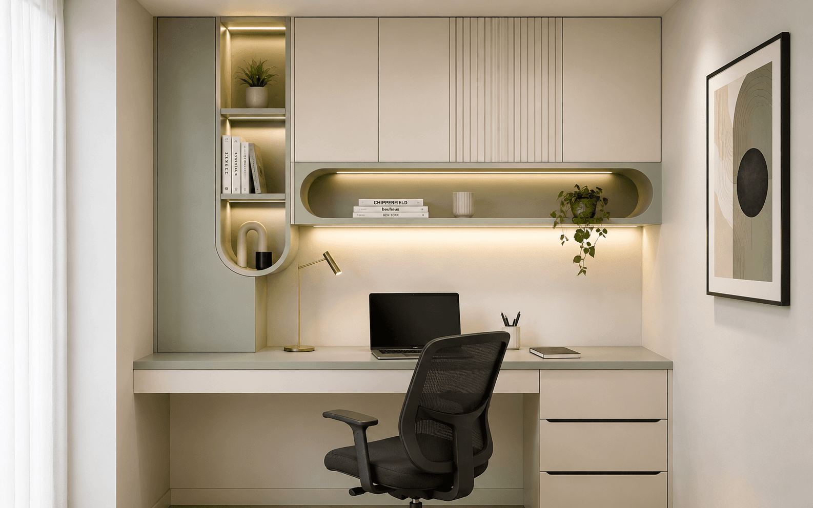 Home office with soft lighting