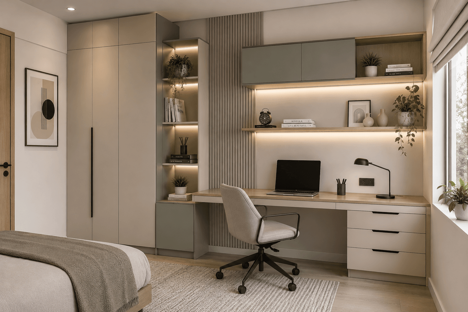 Minimal Luxe Study Corner With Small Wardrobe Unit