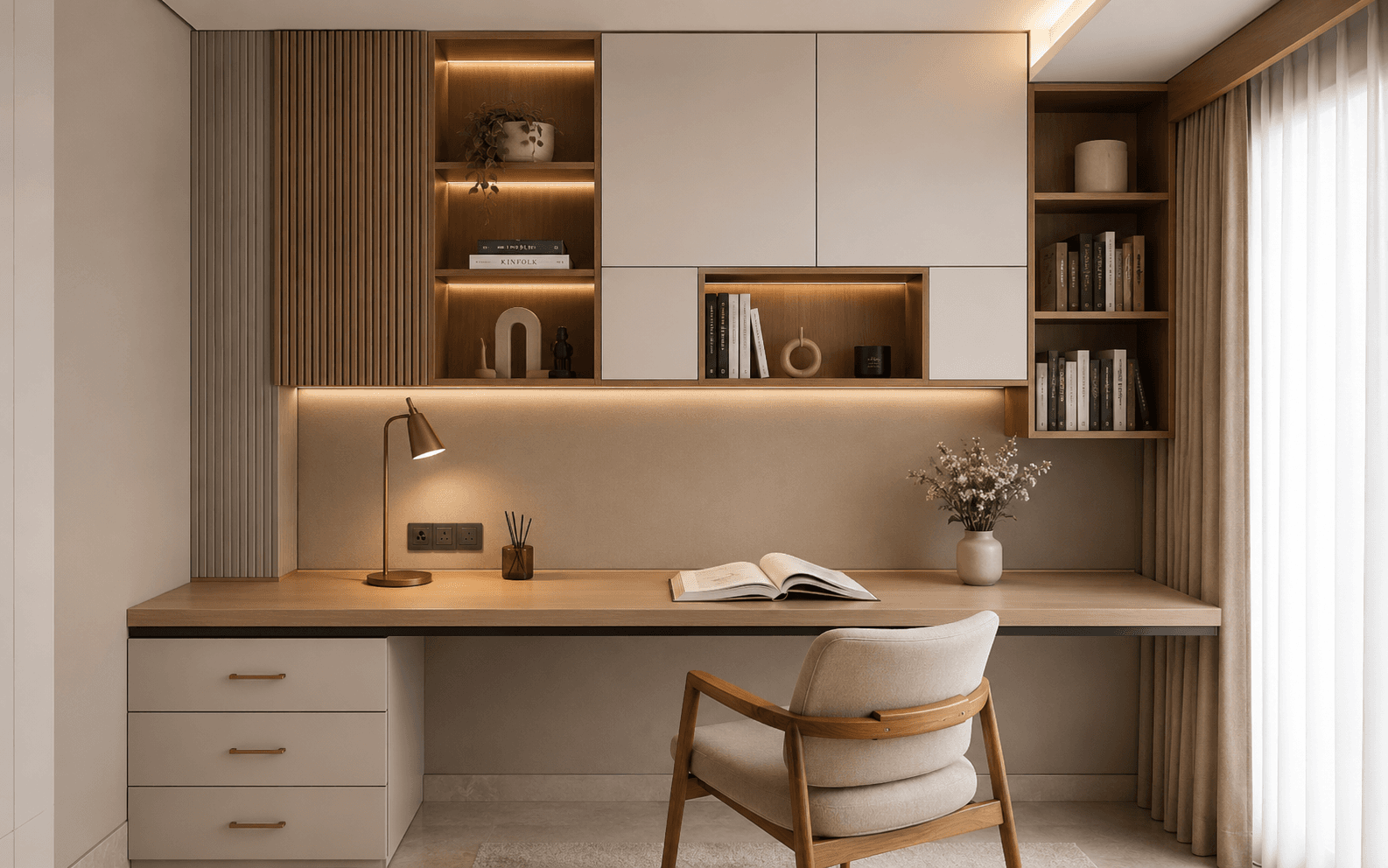 Minimalist home office with natural accents