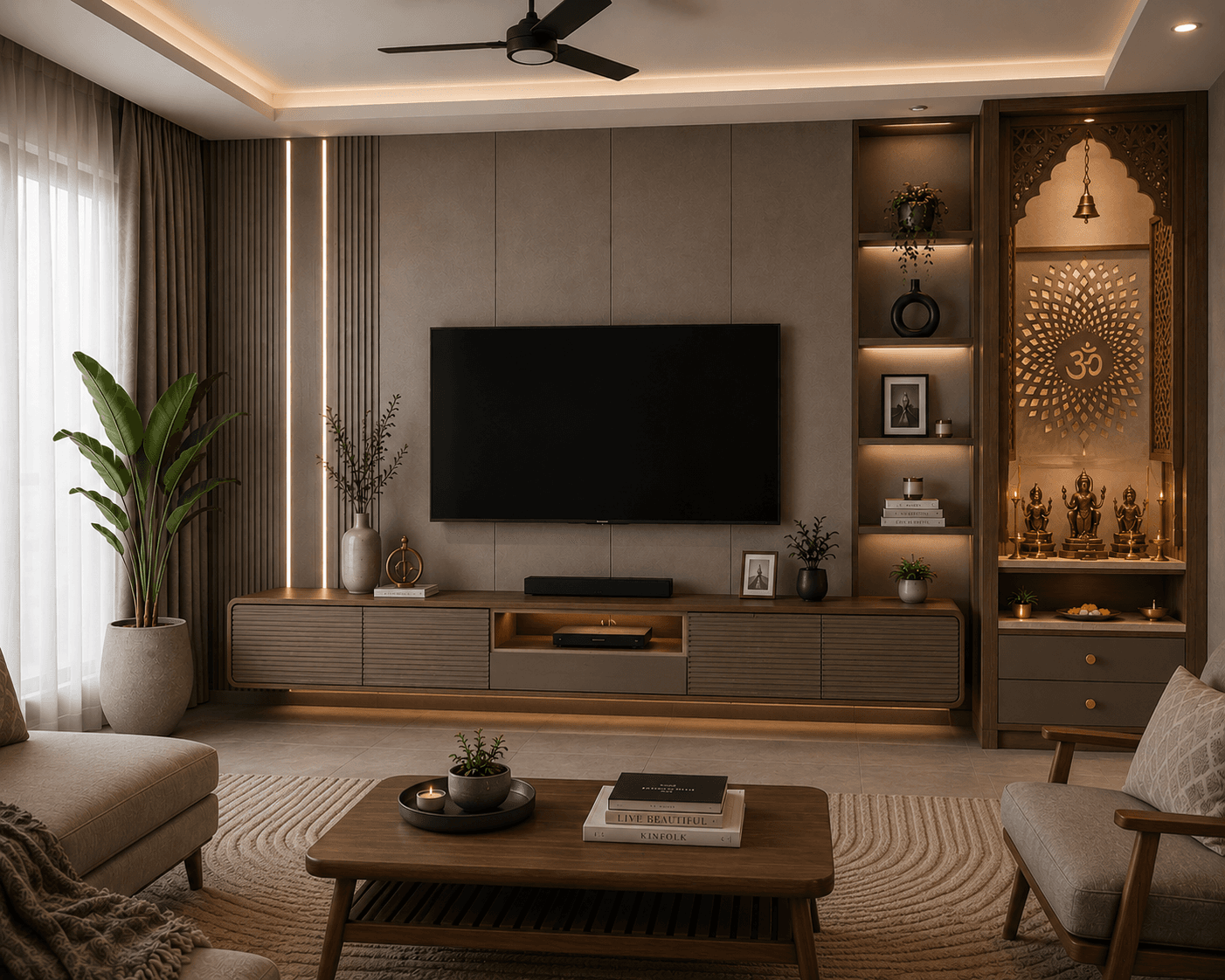 Warm Contemporary TV & Mandir Wall